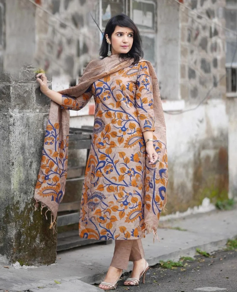 GoSriKi  GoSriKi Women's Rayon Blend Printed Straight Kurta with Pant & Dupatta (Kalam Chiku-GS_3XL_Beige_XXX-Large) for Women | Best Price UAE
